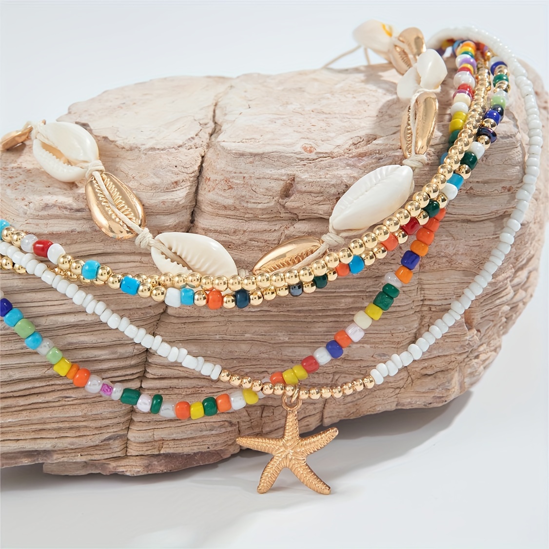 5pcs Starfish Necklace Set & Colorful Bead String Necklace for Ramadan